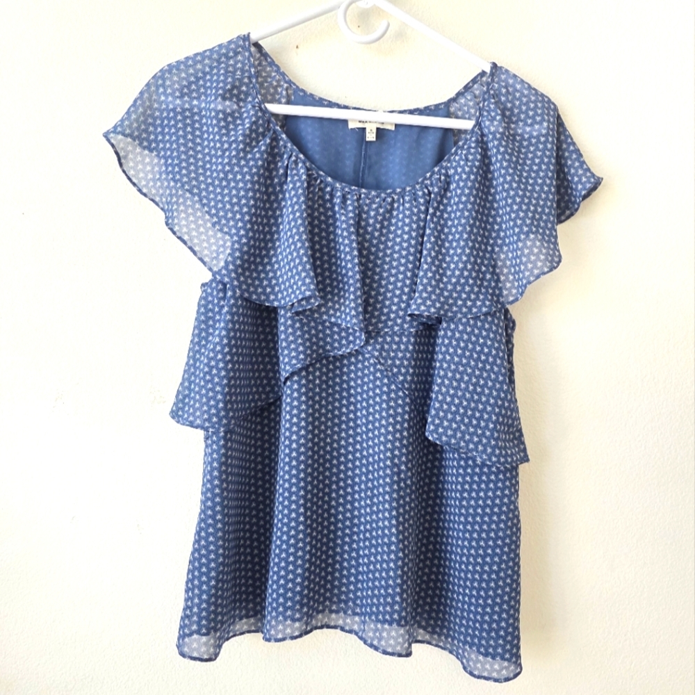 Max Studio Ruffle Patterned Blue Top